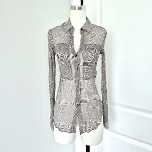 Darlia Silk Striped Collared V-Neck Button-Up Long Slv Top Fall Gift Work Sheer